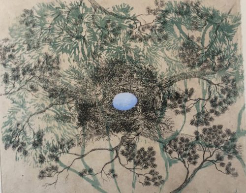 huariqueje:Little Home   -   Inari Krohn , 2020Finnish,b. 1945-Line etching, woodcut, watercolor, Ch