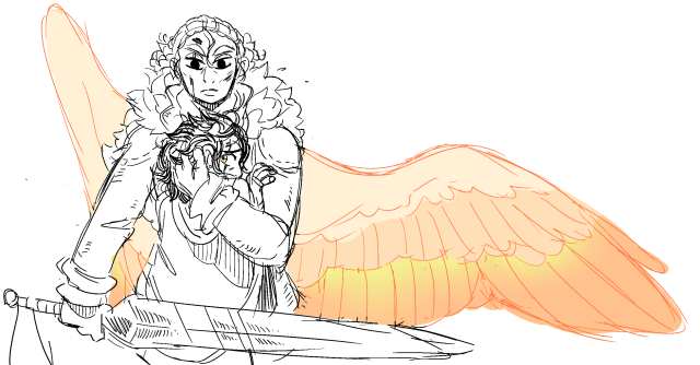 A black and white sketch with some colour accents of Sol with her arm protectively around Nyx, who has her face pressed into Sol’s chest, and her longsword held out defensively in front of them both. Two large golden wings stretch from Sol’s back.