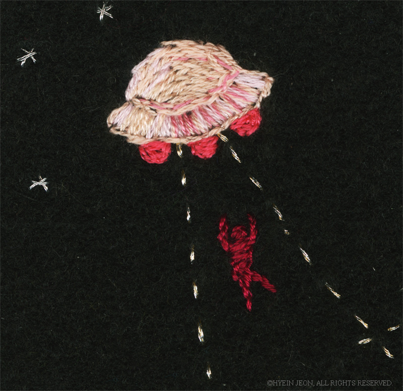 hyeinjeon:  UFO abduction! , Hand embroidered on felt, 2015, HyeIn Jeon