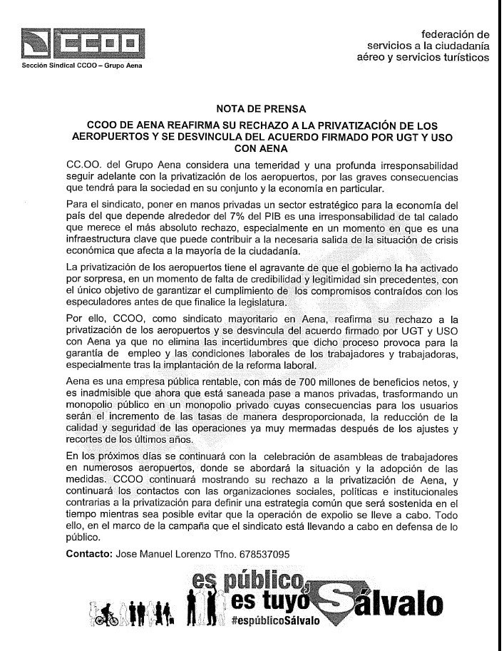 CCOO de Aena reafirma su rechazo a la privatización de los aeropuertos
NO A LA PRIVATIZACIÓN CCOO de Aena reafirma su rechazo a la privatización de los aeropuertos y se desvincula del acuerdo firmado por UGT y USO con Aena