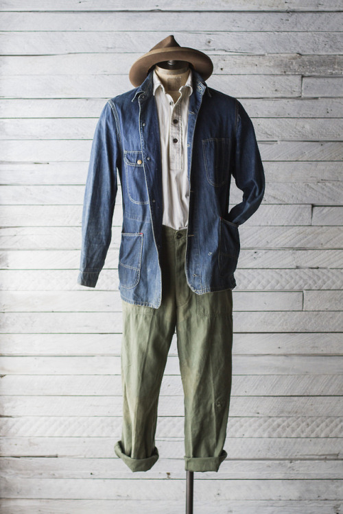 Vintage spring layers: ‘40s/’50s selvedge raw denim chore jacket, popover cotton shirt, type I OG-10
