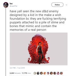 nonbinaryvexahlia: underdarke:  creepy as fuck, but also amazing [tweet]  Found the creature- it’s called an Oblex and it appears in Mordenkainen’s Tome of Foes along with art of the kid’s player character! They’re apparently the result of Mindflayer