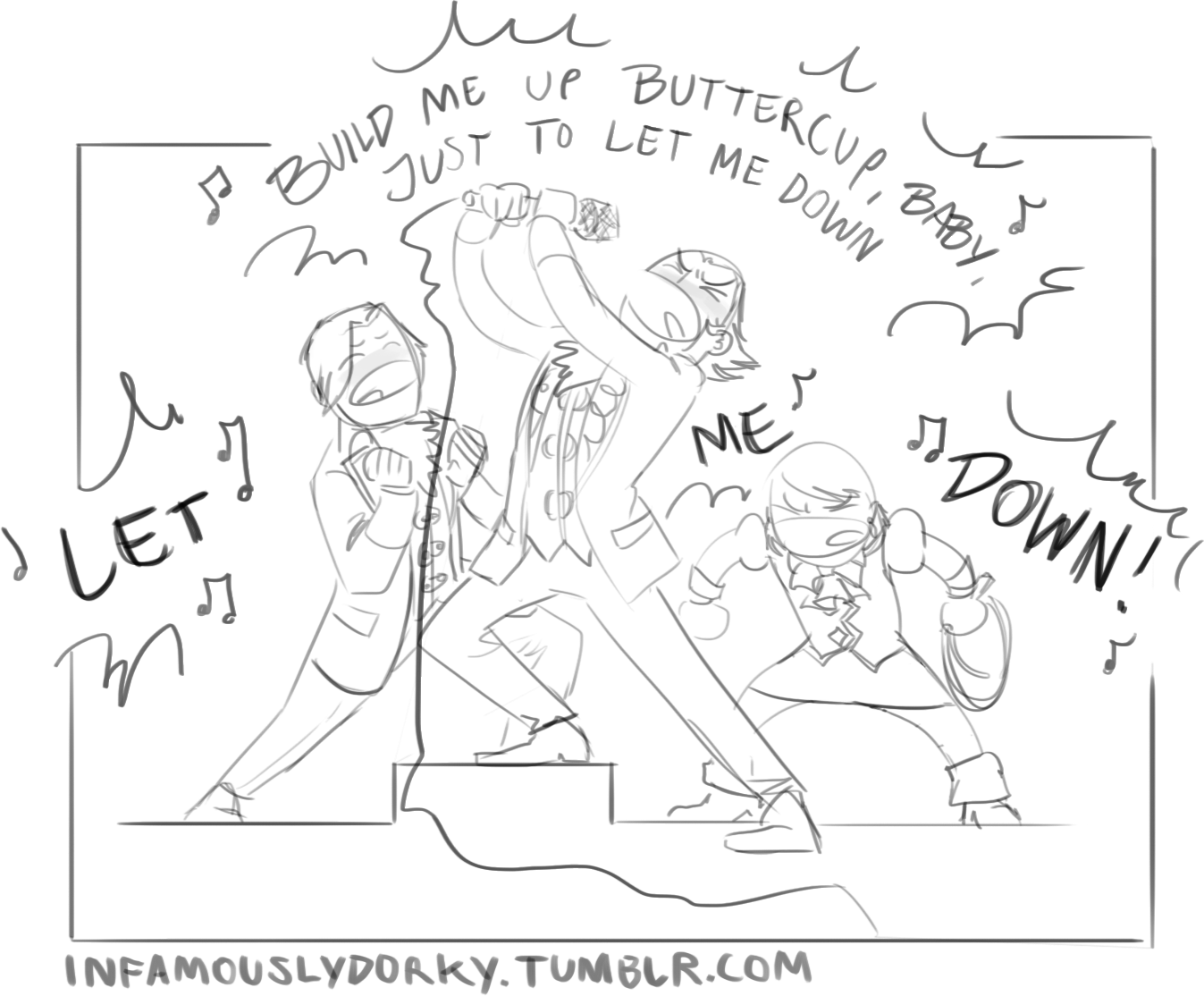 image id: Miles Edgeworth, Manfred, and Franziska drawn cartoony all scream the lyrics to "Build Me Up Buttercup" by The Foundations while intoxicated /end id