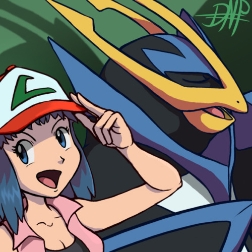 ash-chosenone:  scribblekin:  For ash-chosenone They asked for a pic of their 16yr old RP-verse versions of Ash and Dawn (w/ Pokemon best buds X3) -Ash is being teased a bit, about the ~super cool~ speech/poses he still practices off by himself (like