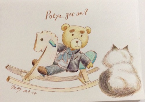 mitty3000:Get on! Otabear and Potya Color pencil drawing  お決まりのネタ 「ピョーチャ、乗りな」 一度やってみたかった!