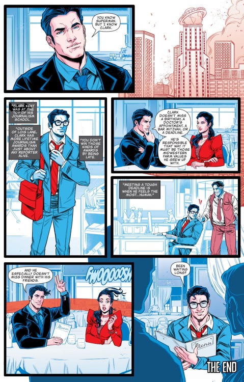 mithen: From Superman: Red and Blue, in which Clark is almost late to a date dinner with Bruce and D