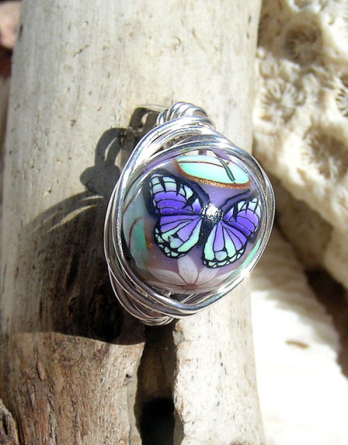 Wire Wrapped Ring, Polymer Clay with Butterfly,Wire Ring, Jewelry, Statement Ring rings