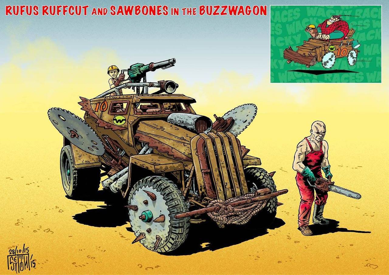 pop-sesivo: Los autos locos en el estilo de Mad Max: Fury Road. Arte: Mark Sexton