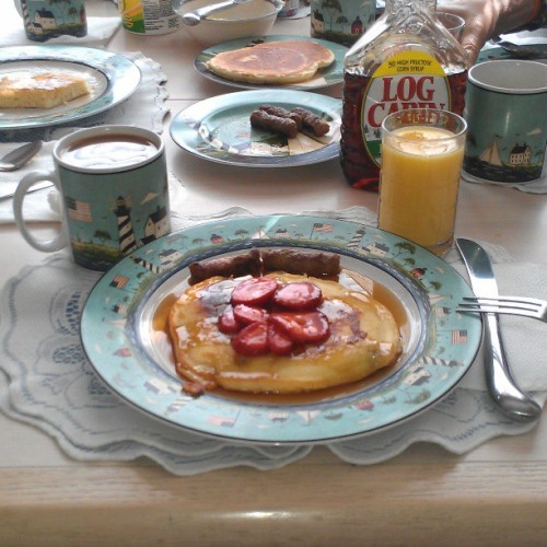 Breakfast with Grandpa :) #blueberry #pancakes with #strawberries on top #coffee #orangejuice #blueb