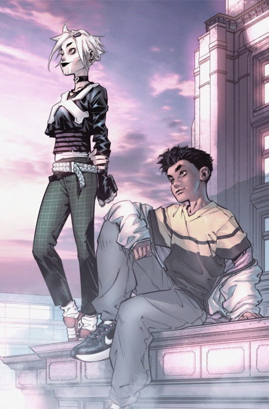 Damian and Nika(Flatline) are on the rooftop, Damian sitting on the edge while Nika is standing. Both are smiling and gazing at the pinkish-purple sky.