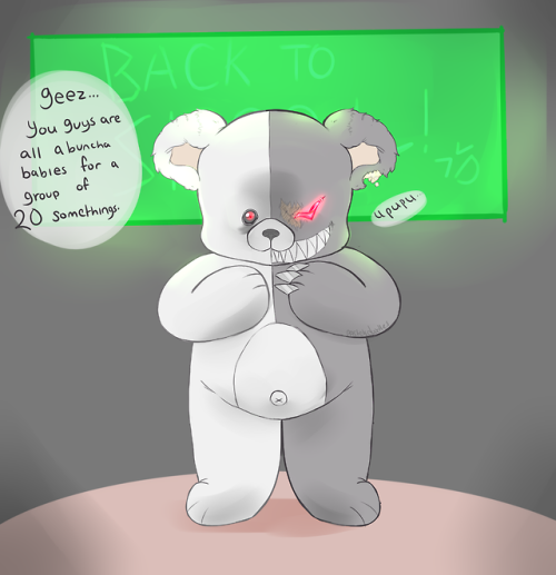 pastels-doodles:the mascot for my fanganronpa is just monokuma but hes just shapped more like a care