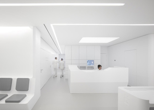dezeen:  Almost everything is pristinely white inside this dental clinic in Sicily by architecture studio Bureauhub, from the walls and floors to furniture, equipment and staff uniforms