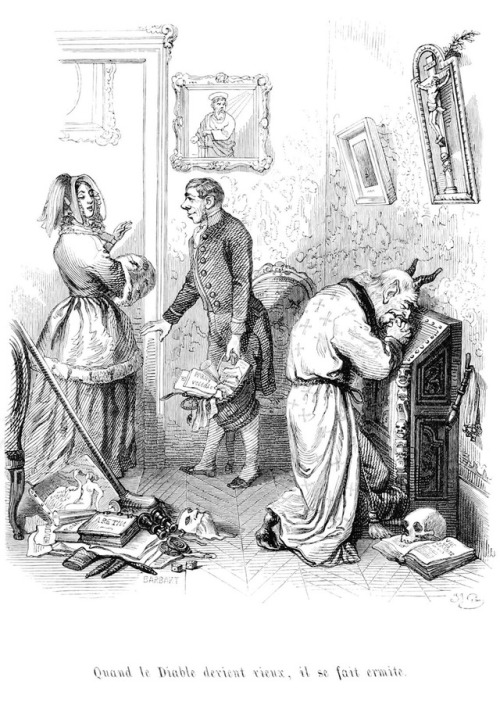 When the Devil grows old, he turns hermit.Illustration by J. J. Grandville for Cent proverbes (One H