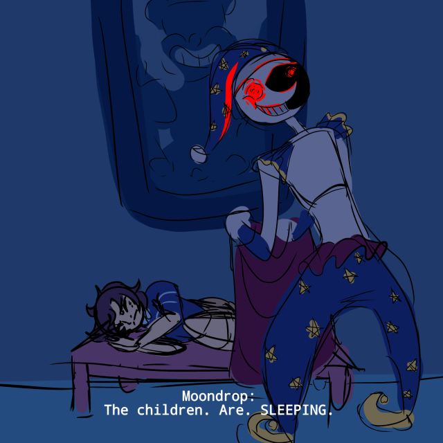 Gregory is lying on a bench with his face scrunched up. he is pretending to be asleep. Moondrop, an unnerving animatronic with red eyes is holding a blanket and seems to be tucking Gregory in. Moon is facing the viewer. the subtitles say "Moondrop: The children. are. sleeping."