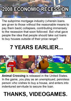 dorkly:  Videogames Are To Blame For Every Bad Thing That Has Ever Happened  Now I&rsquo;m even less interested in that Animal Crossing game. That&rsquo;s too depressing and real for me. I play videogames to escape reality, NOT be reminded of it.