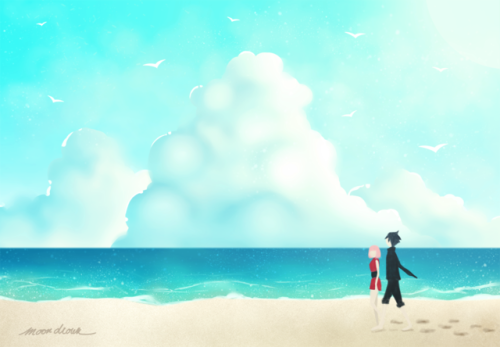 moondrown:  Two small people, free of hatred and mistrust.My version of SasuSaku travel :D. I felt so relaxed while drawing these <3. Also, I wish I had time to go on a vacation… ~sigh