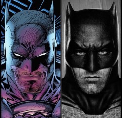 dccomicsnews:  Jim Lee’s Batman to the left compared with Ben Affleck’s Batman. Very similar side by side! What do you think?