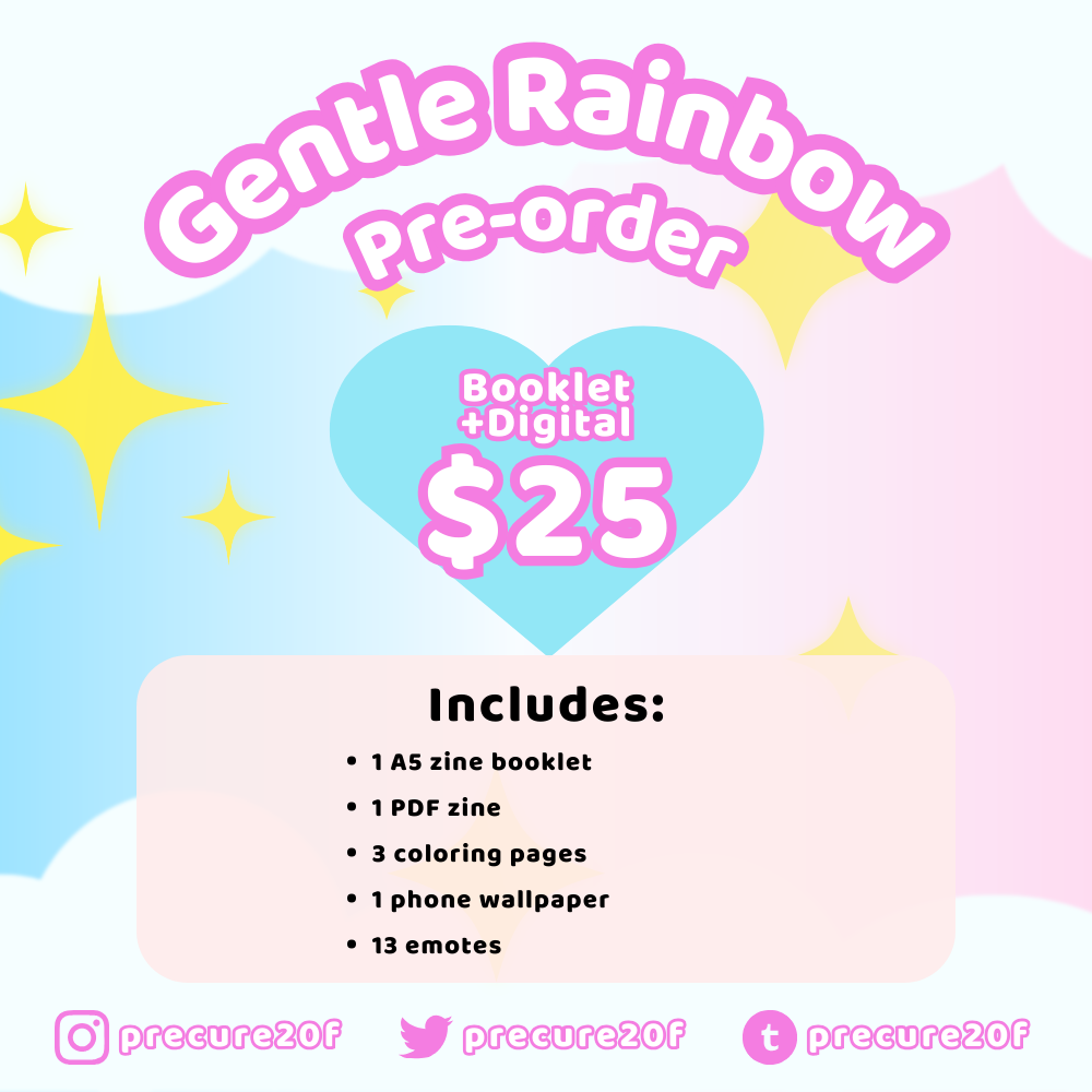 Habatake! bundle 2: Gentle Rainbow - $25  This bundle includes: 1 physical A5 zine booklet, 1 PDF zine, 3 digital coloring pages, 1 phone wallpaper, and 13 emotes.