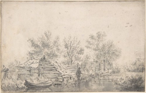 Paisaje de un canal con un pescador, obra atribuida a Jacob van Ruisdael, s. XVII.