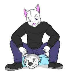 A husky dude getting teabagged by a cat dude.