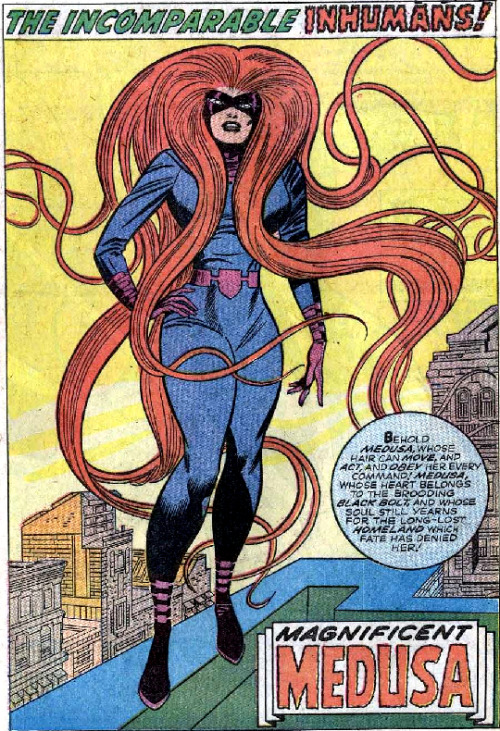 Fantastic Four Annual #5, November 1967Medusa Pin-up. Why she’s balanced on the edge of a roof, I ha