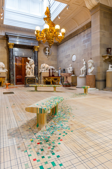 {Floored by this floor (*commence eye roll*). Happy Friday!}Curved wooden benches and stools “