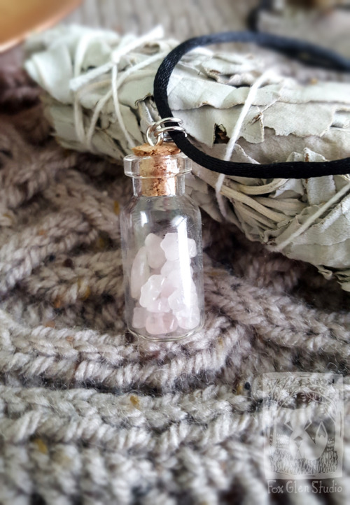 foxglenstudio:Crystal jar necklaces are 25% off all June!  Amethyst, rose quartz, hematite, mookaite