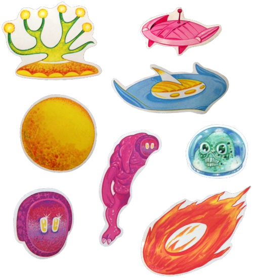 transparentstickers:Various stickers of aliens and UFO’s from the book UFO Past and Present by Whitm