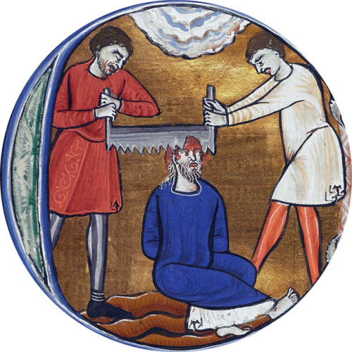 Isaiah&rsquo;s martyrdom by sawing (c. 1200).