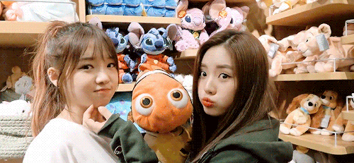fromisnet: jisun and jiwon finding their lost long twins in the disney store 