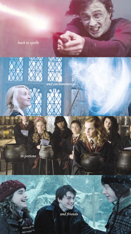 weasloy:  to gryffindors! hufflepuffs! ravenclaws! slytherins! back to the place where our story begins! it’s hogwarts, hogwarts!