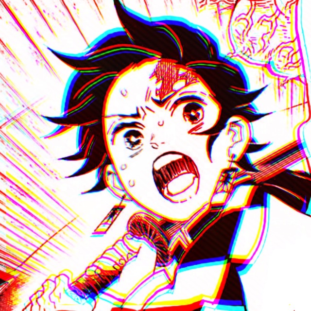 an icon of tanjiro from demon slayer manga. it has a red and orange overlay. he worridly looks to the right and yells something. his sword is readied behind him.