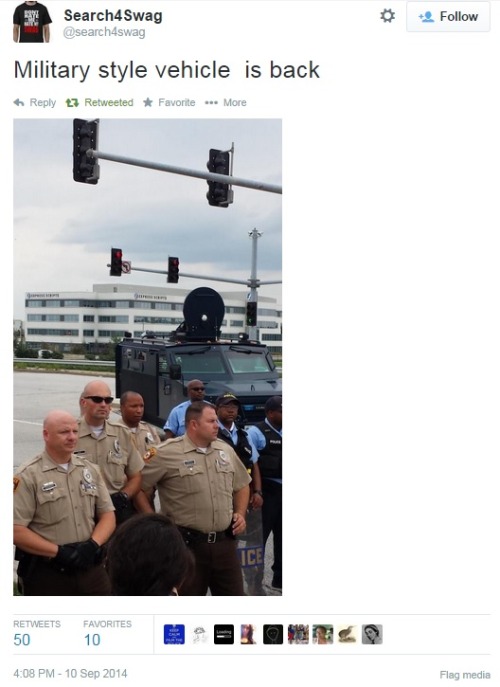 acacophony:  iwriteaboutfeminism:  Police continue to make arrests at Ferguson protest. Part 4.  Take note: The moment people stopped reblogging and tweeting and writing news articles and calling attention to Ferguson, they brought back the armored cars.