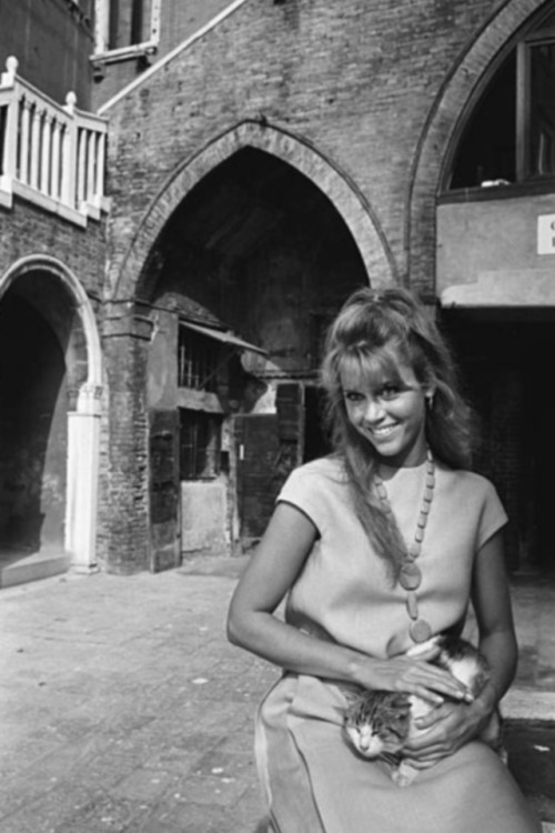 janefondadaily:Jane Fonda photographed by Philippe Le Tellier, posing with a cat in the courtyard of