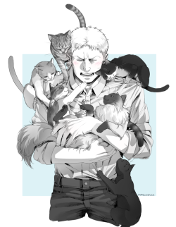 nenekantoku: Commission! Cats climbing all over Reiner.  ☆  Commissions info ☆  