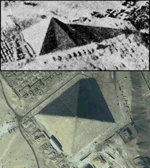 theufos51:  It is not all that well known that the Great Pyramid of Giza is the only large scale pyramid in the world to actually be EIGHT sided. Only at certain times of the day and only from above is this concave feature of each face readily apparent.