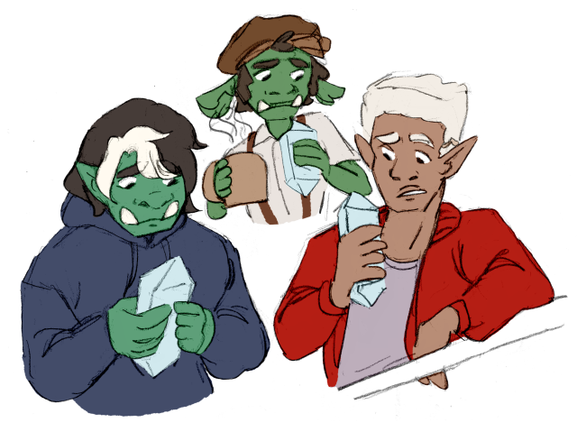 “hey” “ARE YOU HURT?” so about that boys’ night huh [ID: a drawing of gorgug, riz, and fabian from fantasy high. gorgug is a...