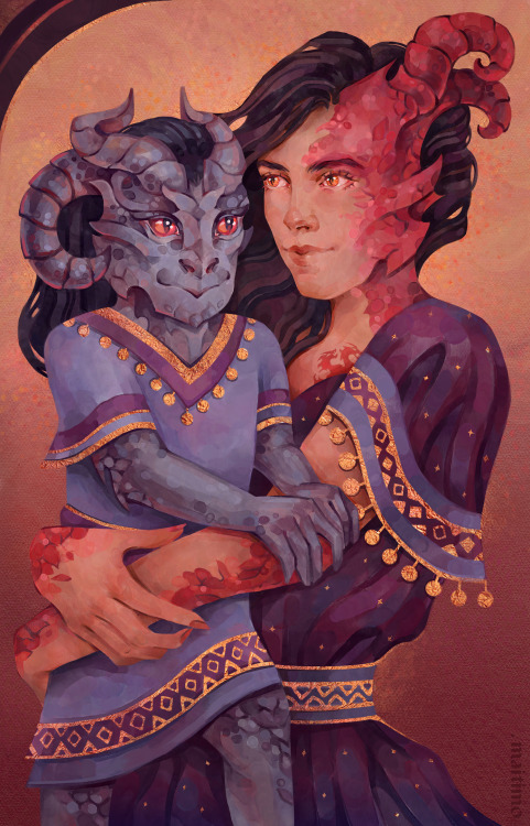  Commission. Portrait of a beautiful draconic sorcerer with her charming daughter. I really like the