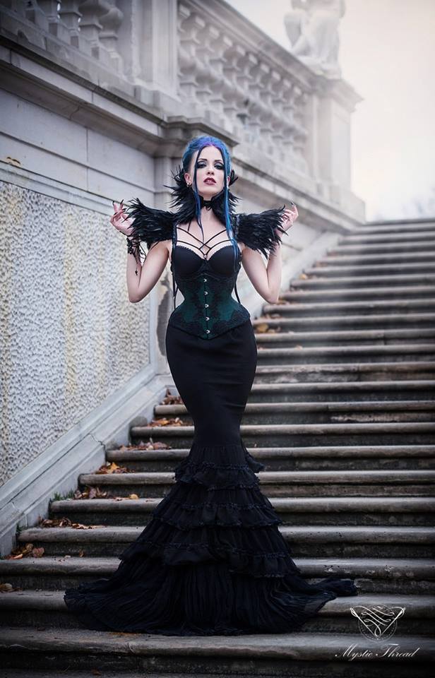 mysticthread: Black lace feather gothic victorian neck corset and black feather costume