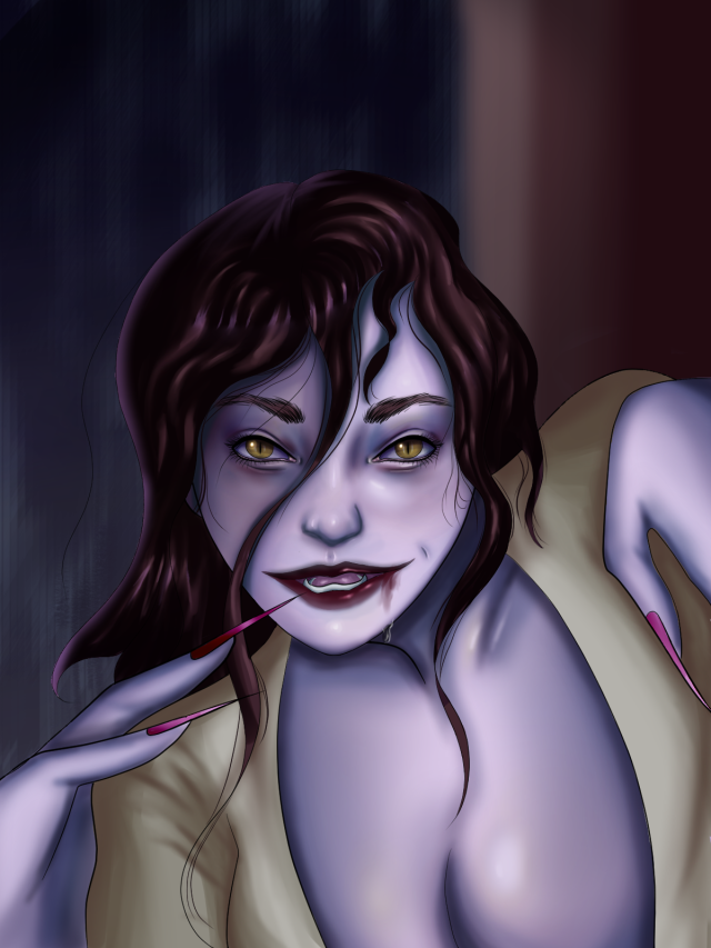 Back on the vampire women monster train because of Resident Evil. I mainly inspired her off of Lady D’s design. Just a test not an OC or anything, this was really a practice piece.  I was trying out an airbrushing approach to the painting.  #resident evil#vampire#vampire women#digital art#art#clipstudio#charcterdesign#lady dimitrescu#monster women#digital illustration#digital sketch