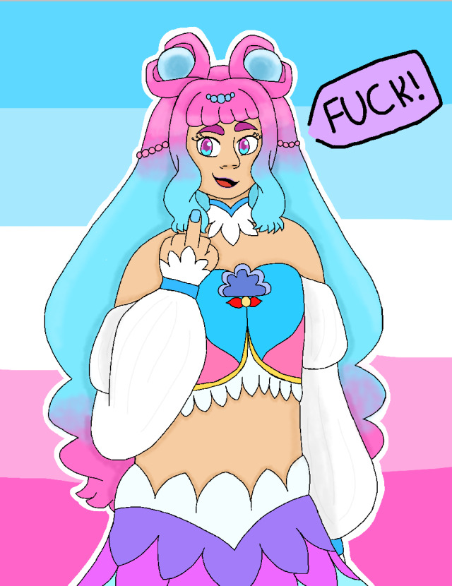 an upper body drawing of cure la mer. she is flipping off the viewer and saying fuck. the background is a trans flag