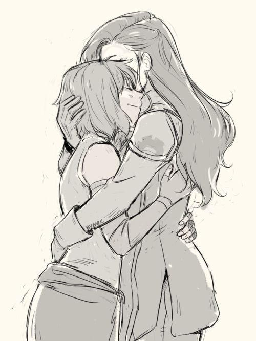 nymre:  A korrasami sketch reward for a patron. Bigger version available on my patreon  Also used the hug meme for pose inspiration since so many of you requested korrasami haha 