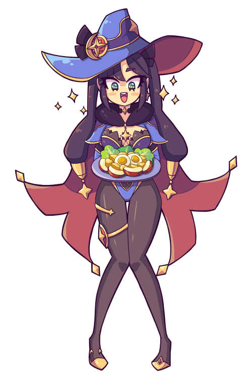 j5daigada:commissioned by Aesiqui; Mona from Genshin Impact receiving her favorite foodthanks for co
