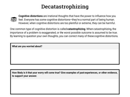 productive-tips:Decatastrophizing Worksheet(Image text): Cognitive distortions are irrational though