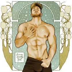 anachoreteboi:Nature boys January 2019 Poster ❄ For this drawing I was inspired by the amazing @acrodave and the beautiful photo of @janluengo 🍀 and of course the Art Nouveau style. 💙 #anachorete_boi #anachorète_boï #drawing #gayart #gaydrawing