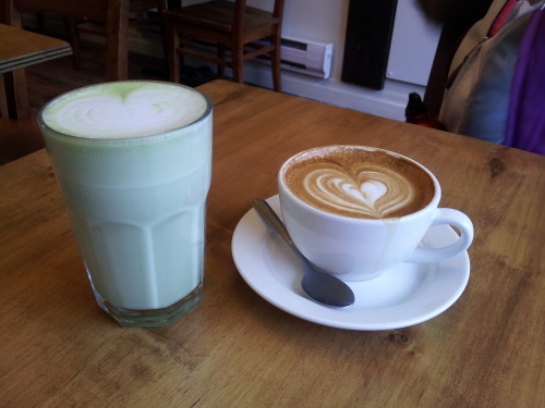 Bicerin Coffee. Green tea latte and Cappuccino