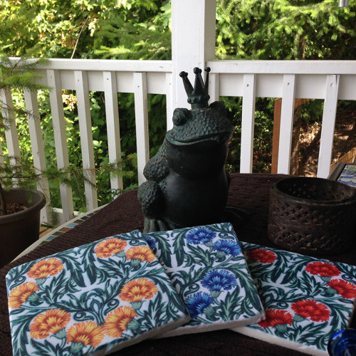 New DeMorgan Carnation tiles I made on ceramic and tumbled marble. I kid of went crazy with all the 