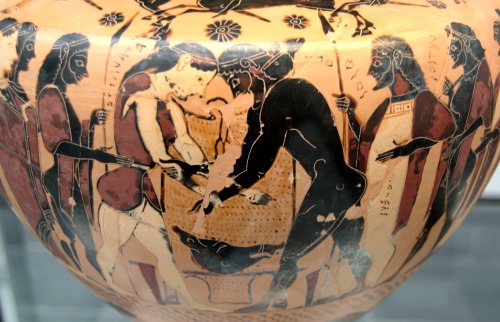 Atalanta and Peleus wrestle during the funerary games for King Pelias.  Chalcidian black-figure hydr