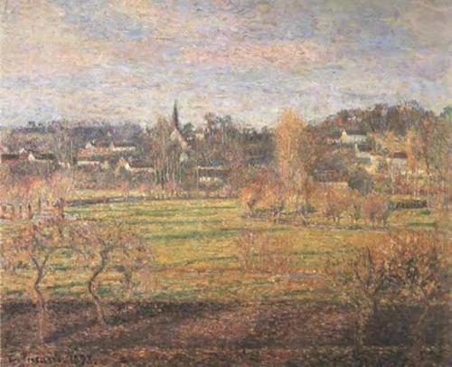 camillepissarro-art:  February, Sunrise, Bazincourt 1893  Camille Pissarro