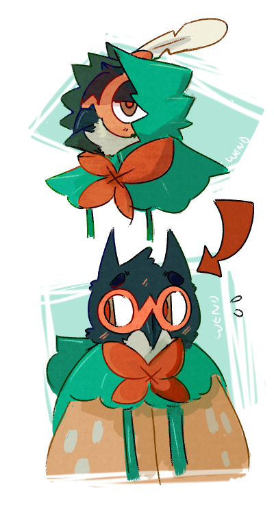 hootwends:  nintendo please reveal what decidueye looks like under its hood thank you i bet it only wears it because it looks like a nerd without it 